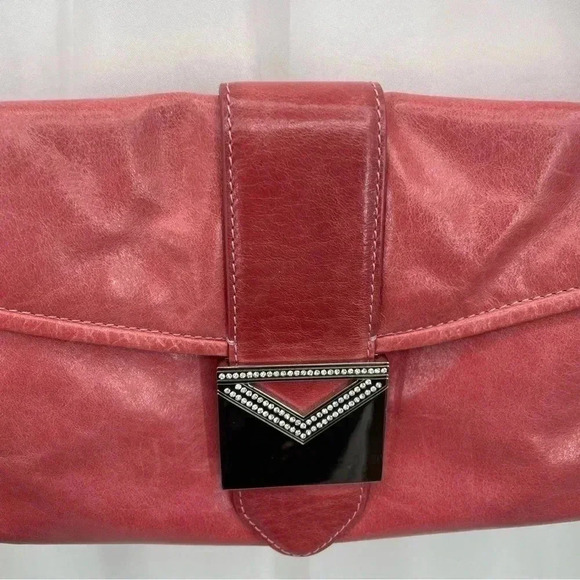 Via Spiga Bejeweled Leather Clutch Purse Pink Snap Close Dbl Adjustable Handles - Picture 4 of 16